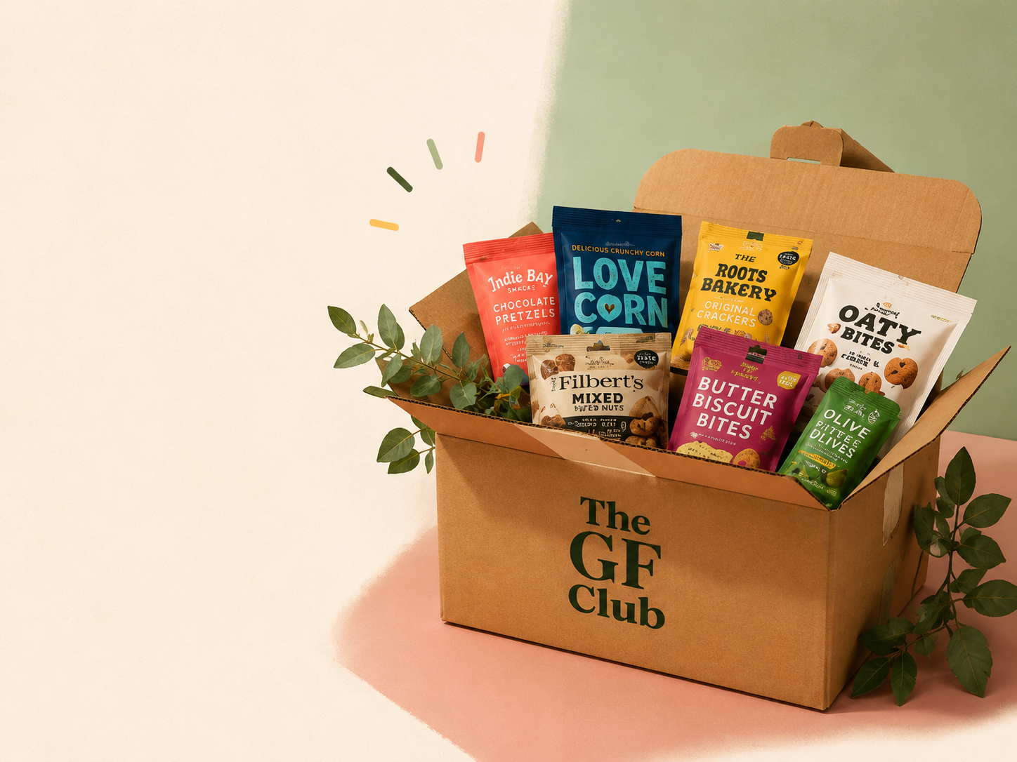 An open GF Club box filled with gluten-free snacks