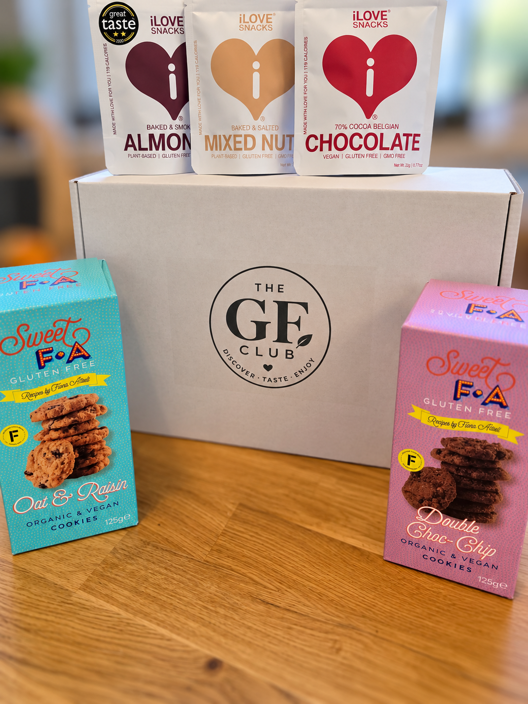 A GF Club box filled with gluten-free snacks