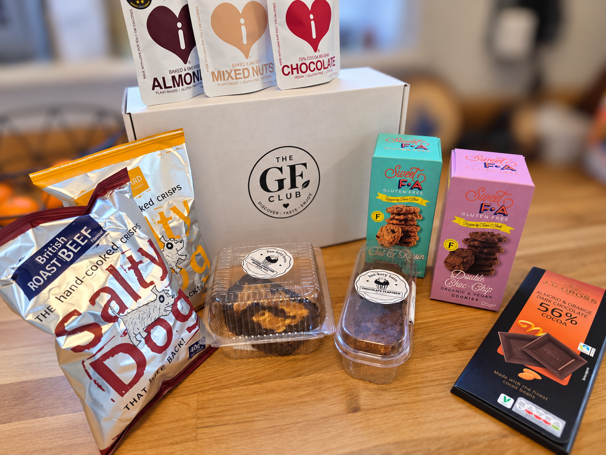 An open GF Club box of snacks